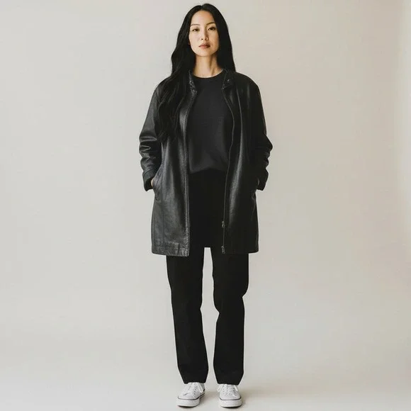 Vintage Y2K LIZ CLAIBORNE Black Leather Car Coat Jacket Zip Sz M Minimalist Goth - Picture 8 of 16